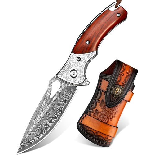 Couteau Pliant Damas, Lame De 7 Cm En 67 Couches D'acier Vg10, Manche En Santal Précieux, Etui En Cuir Épais, Avec Clip Ceinture, Idéal Pour Collectionner, Offrir, Chasser