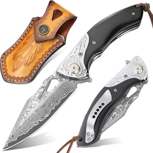 Couteau Pliant Damas, Lame De 9 Cm En 67 Couches D'acier Vg10, Manche En Santal Précieux, Etui En Cuir Épais, Avec Clip Ceinture, Idéal Pour Collectionner, Offrir, Chasser
