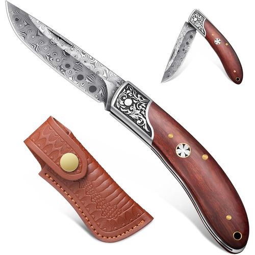 Couteau Pliant Damas, Couteau De Poche De Survie Aiguisé Avec Étui En Cuir, Couteau Pliant Multifonctionnel Pour Le Camping, La Randonnée Et La Survie (Marron)