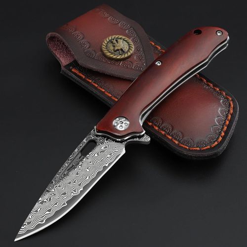Couteau de poche Damas, Couteau pliant Damas avec étui (Brun)