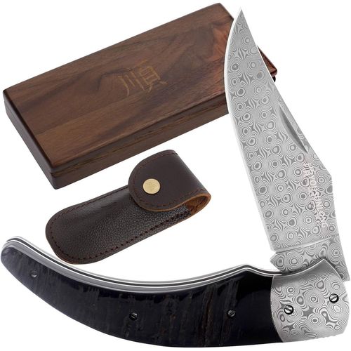 Couteau De Poche Pliant En Acier Damas Total 205 Mm - Manche En Corne De Buffle Noir Naturel Avec Étui En Cuir Et Boîte À Couteaux En Bois - Idéal Pour La Survie De La Chasse Au Camping