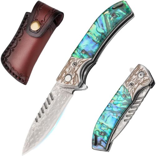 Couteau Pliant Damas Haute Qualité Couteau De Poche Damassé, Lame Tranchante Couteau À Une Main Avec Magnifique Poignée Peinte À La Main, Edc Couteau Pliant Avec Étui En Cuir Et Boîte Cadeau