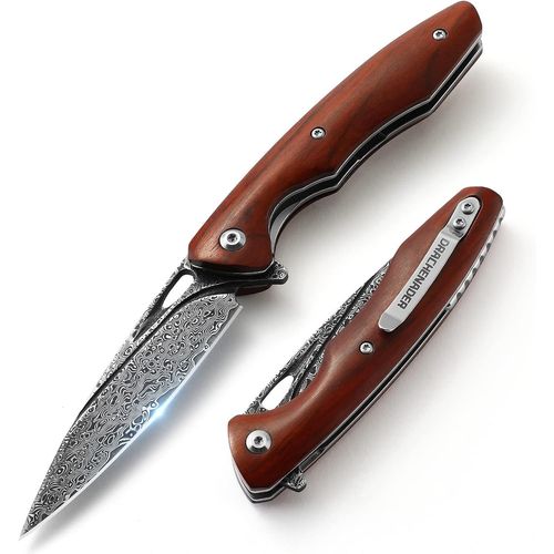 Couteau De Poche Damas À Une Main, Couteau Pliant Damas Avec Clip, Noyau En Acier Vg10 Et Manche En Bois, Polyvalent Et Maniable, Parfait Compagnon De Camping En Plein Air