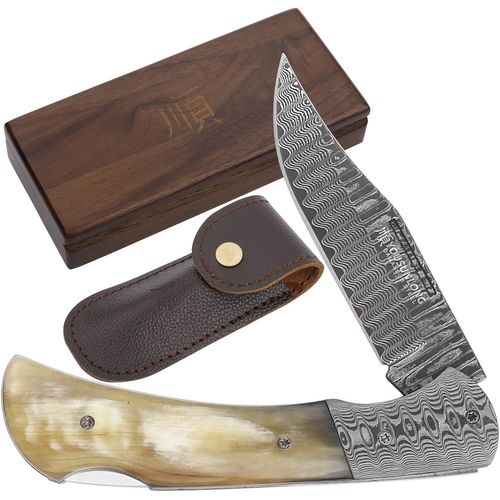 Meilleur Couteau De Chasse - Couteau De Poche Avec Lame Pliable À Point De Chute - Poignée En Corne De Taureau