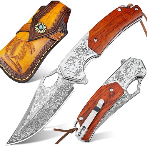 Couteau Pliant Damas, Lame De 7 Cm En 67 Couches D'acier Vg10, Manche En Santal Précieux, Etui En Cuir Épais, Avec Clip Ceinture, Idéal Pour Collectionner, Offrir, Chasser