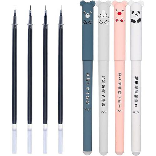 Stylos Gel Stylos À Bille 4 Pcs Mignon Cochon Panda Effaçable Gel Stylo Noir 0.35mm Avec 4 Recharges Noires Stylos À Encre Pour Étudiant Papeterie Bureau