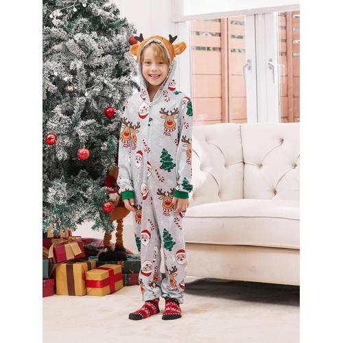 Pyjama De Noël Gris 3d Renne Motif Fermeture Éclair Grenouillères Assorties Tenues De Famille