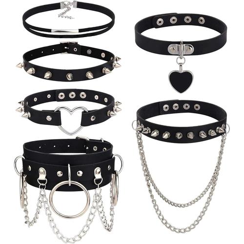 6 Pcs Gothique Cuir Collier Ras De Cou Femmes Punk Chaîne Clavicule Pu Noir Ras Du Cou Spike Collier Chocker Clouté Tour De Cou Rock Ceinture Coeur Collier Réglable[X417]