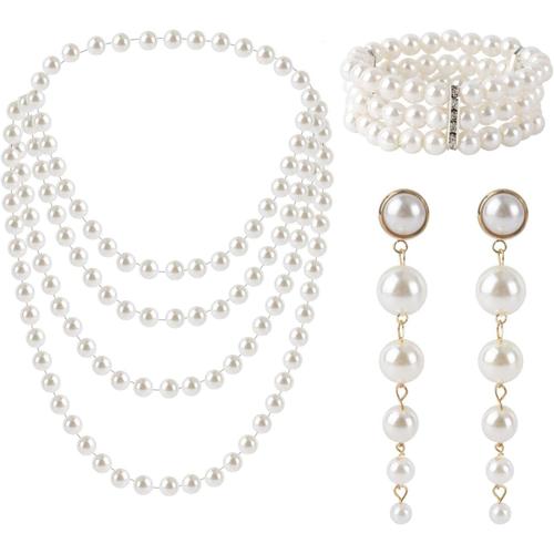 Lot De 3 Paires Perles Synthétiques Avec Longues Boucles D'oreilles Pendantes En Plastique - Bracelet Extensible À Rangées Des Années 1920 Accessoires Pour Fête,Bal,Mariage,Festival,Plastiqu[X1029]