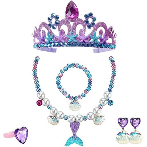 6 Pièces Ensemble De Bijoux De Sirène, Set De Bracelet Collier De Sirène, Parure De Bijoux Enfant Sirène Kits, Avec Couronne, Collier, Boucles D'oreilles, Bracelet, Bague, Décoration Petite [X5455]