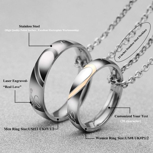 2Pcs Collier Couple Pendentif Bague Gravure Personnalisé Acier