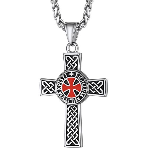 Collier Pendentif Croix Chevaliers Templiers Blason Bouclier Protection Acier Inoxydable Avec Chaîne Réglable Bijoux Religion Cadeau Bapteme Pour Homme Garcon Femme Croix Jesus Noir/Or/Argen[X2485]