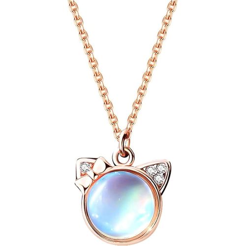 Pendentif Chat En Pierre De Lune En Argent Sterling 925 Plaqué Or Rose Cadeau Femme, Collier Pendante Chaîne Clavicule Bijoux Pour Femmes[X3685]