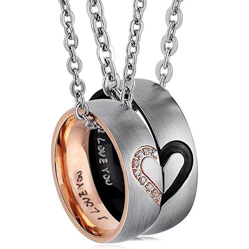 Collier Couple,Anneaux Pendentif, Bague Homme, Femme Or Rose En Acier Inoxydable,C?Ur Amour Éternel Classique Avec Chaîne De Métal Cadeau Pour La Saint-Valentin Amour Couple Bague[X657]