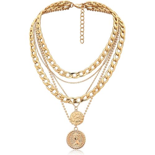 Chaîne Épaisse Punk À Maillons Cubains Multicouches Sculptés Avec Pendentif En Forme De Pièce De Monnaie - Bijou Ras Du Cou Épais Pour Femme (Doré)[X2732]