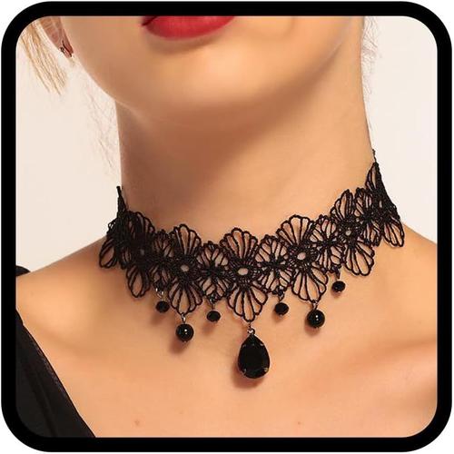 Collier Ras Du Cou En Dentelle Noire Avec Pendentif En Cristal - Style Gothique - Fleur Creuse - Accessoires Pour Femmes Et Filles[X487]