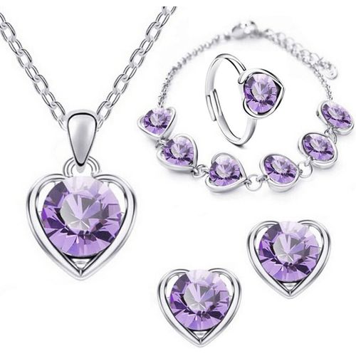 Ensemble De Bijoux Pour Femme Et Fille Argent Coeur Cristal Pendentif Collier Boucles D'oreilles Bracelet Et Bague Ensemble Fête Anniversaire Noël La Saint-Valentin Cadeaux[X5082]
