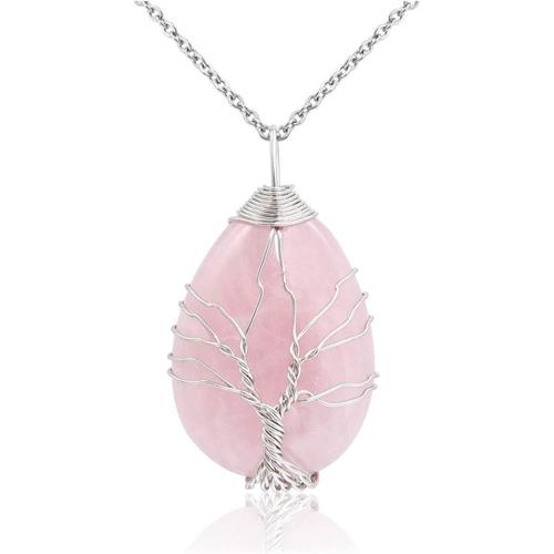 Bijoux Pendentif Collier Perles Pierre Naturelle Retro Diy Arbre De La Vie En Cuivre Argente Fil Forme Goutte D'eau Pierre Precieuse D'energie Avec Chaîne[X511]