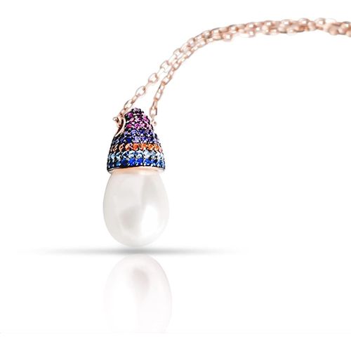 Tiramisu | Collier Pendentif Perle Et Zircon | Bijoux Femme/Fille | Argent Sterling 925 Plaqué Or Rose | Perle De Culture Naturelle | Collier Fin |Cadeau Élégant | Sans Nickel |38+5cm[X6050]