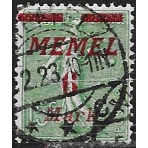 Lituanie, Enclave De Memel Sous Adm. Française 1922, Beau Timbre Yvert 87, Semeuse 15c. Vert-Olive Surchargé "Memel 6 Mark", Oblitéré, Tbe.