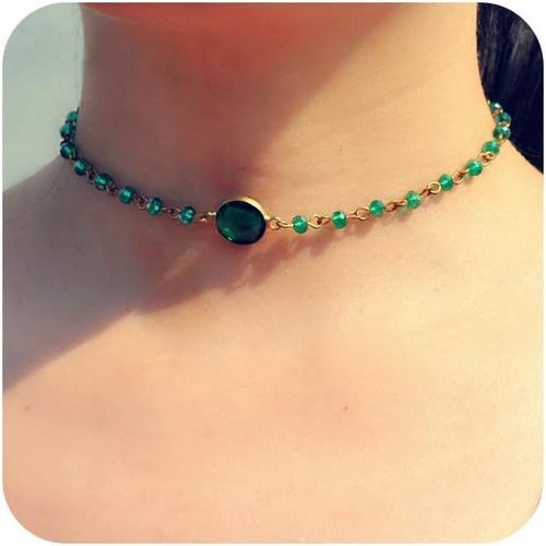 Collier En Cristal Vert, Chaîne Choker, Disque De Cristal, Pendentif En Cristal Vert, Pierre Précieuse, Chaîne Perlée, Collier Court, Bijoux Pour Femmes Et Filles.[X1992]