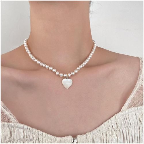 Collier Chaîne En Perles Vintage Collier Pendentif Coeur En Nacre Collier Ras De Cou En Perles Collier Ras De Cou En Perles Collier Coeur En Amour Bijoux Pour Femmes Et Filles[X1783]