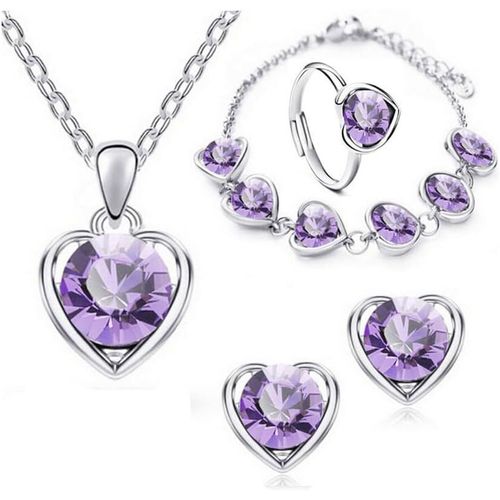 Coeur Cristal Collier Boucles D'oreilles Bracelet Anneau Ensemble Amour Pendentif Collier Femme Fille Bijoux[X2640]