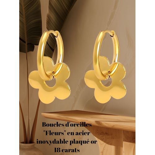 Boucles D'oreilles "Fleurs" En Acier Inoxydable Plaqué Or 18 Carats,