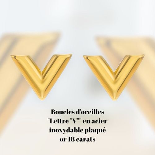 Boucles D'oreilles "Lettre V " En Acier Inoxydable Plaqué Or 18 Carats,