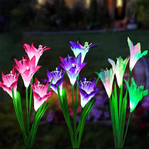 Lumière Solaire Extérieure,3 Pièces Fleurs De Lys Lampes Solaires De Solaires Féeriques Lampes Couleur Changement Cour Led Décoration Pour Jardin Terrasse Pay Allée (Rose Violet Et Blanc)[X422]