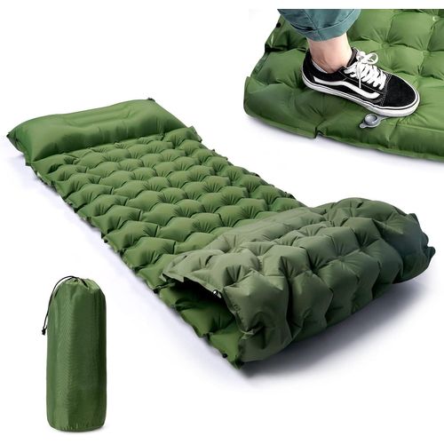 Matelas Camping Autogonflant Portable, Tapis De Couchage Avec Oreiller Et Pompe À Pied, Matelas Gonflable Ultraléger Pour Camping, Voyage, Randonnée-Vert