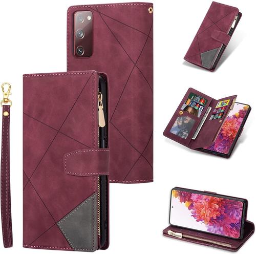 Coque Pour Samsung Galaxy S20 Fe 5g,Etui En Cuir Pu Portefeuille Rétro Antichoc Flip Case Anti-Choc Housse Avec Fentes De Cartes Fonction Support,Fermeture Magnétique - Diamant Rouge(Q967)