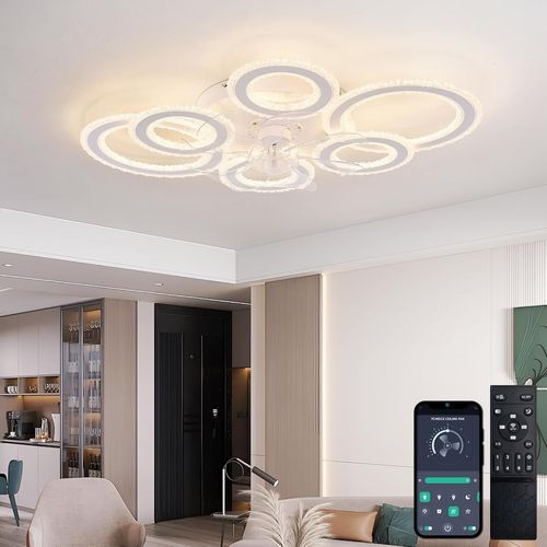 Ventilateur Plafond avec Lumiere Moderne , Anneau de Cristal Plafonnier Ventilateur Design Eté Hiver Réversible Dimmable Fonction Mémoire 6 Vitesses Moteur DC Ventilateur Silencieux Plafond, Blanc