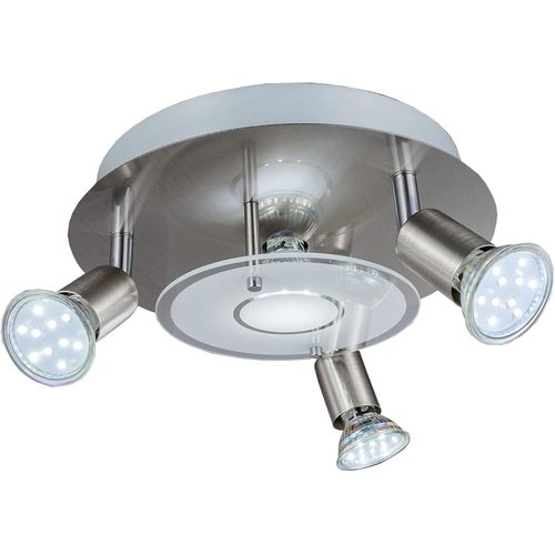 Plafonnier Led Moderne 4 Spots Dont 3 Orientables, Ampoules Led Gu10 3w, Éclairage Intérieur, Métal & Verre Satiné, Finition Nickel Matte, Blanc Chaud