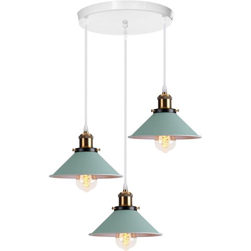 Suspension Lustre Industrielle 3 Lampes Luminaire Plafonnier Vintage Lustre Abat-Jour Ø22 Cm En Métal De Douille E27 Lampe Rétro Pour Séjour Chambre Cuisine (Vert,Base-3 Lampes)