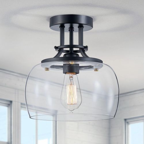 Lustre Rustique Ferme Industrielle Rond Semi-Affleurant Plafonnier Led Avec Abat-Jour En Verre Transparent Pour Salle De Bain Cuisine Entrée De Foyer, H25 X L25, E27 Base, Noir