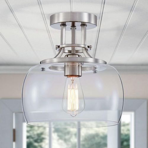 Lustre Rustique Ferme Industriel Rond Semi-Affleurant Led Plafonnier Avec Abat-Jour En Verre Transparent Pour Salle De Bain Cuisine Entrée Entrée, H25 X L25, E27 Base, Nickel Brossé