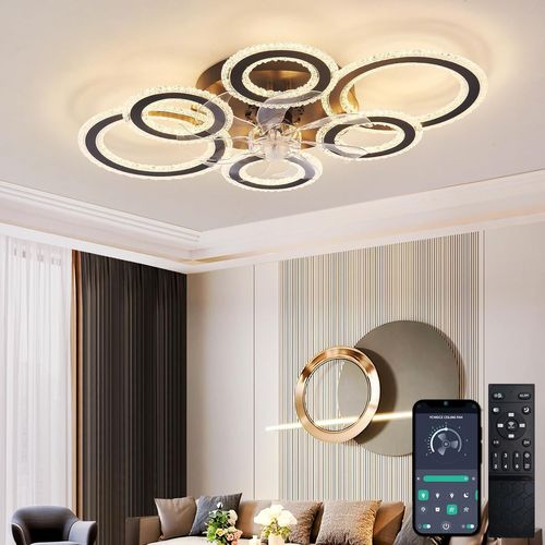 Ventilateur Plafond avec Lumiere Moderne , Anneau de Cristal Plafonnier Ventilateur Design Eté Hiver Réversible Dimmable Fonction Mémoire 6 Vitesses Moteur DC Ventilateur Silencieux Plafond, Noir