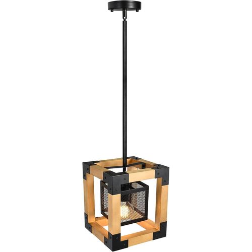 Suspension Bois, Rétro Lustre 1-Lumière, Table Îlot Suspension Luminaire, E27 Métal Pour Salle À Manger, Cuisine (Sans Ampoules)