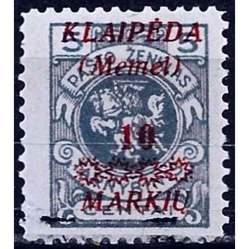 Lituanie, Enclave De Klaipedia (Memel) 1923, Très Beau Timbre Neuf** Luxe Yvert 107, Armoiries De La Province, 5mk Bleu Gris Surchargé "Klaipeda (Memel) 10 Markiu" À L'encre Rouge, Cote 20 Euros.