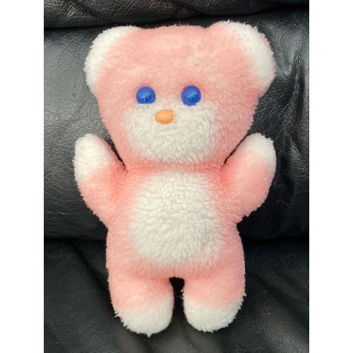Doudou Peluche Ours Blanc Et Rose Yeux Bleu Vintage 18cm