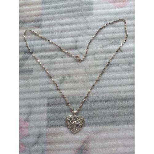 Collier Chaine En Argent Et Pendentif Coeur Ajouré.