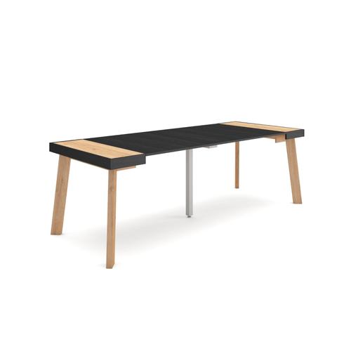 Table Console Extensible | Console Meuble | 220 | Pour 10 Personnes | Pieds En Bois | Style Moderne | Chêne Et Noir