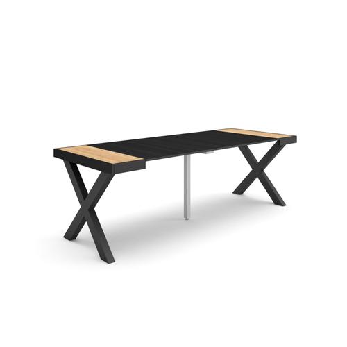 Table Console Extensible | Console Meuble | 220 | Pour 10 Personnes | Pieds Bois Massif | Style Moderne | Chêne Et Noir