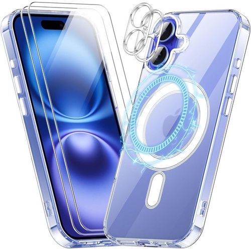 Hqselection® Coque Magnétique Compatible Avec Magsafe Pour Iphone 16 6,1 Pouces, Avec 2 Verres Trempés Et 2 Caméra Protecteur,Transparent
