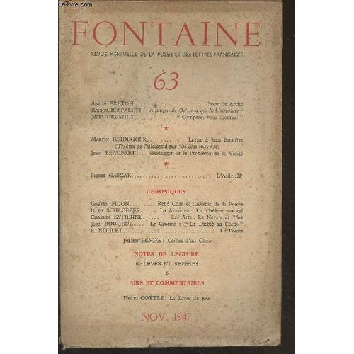Fontaine, Revue Mensuelle De La Poésie Et Des Lettres Françaises N°63 - Nov. 1947 - André Breton : Seconde Arche - Rachel Bespaloff : A Propos De Qu Est-Ce Que La Littérature ? - Noël Devaulx :(...)