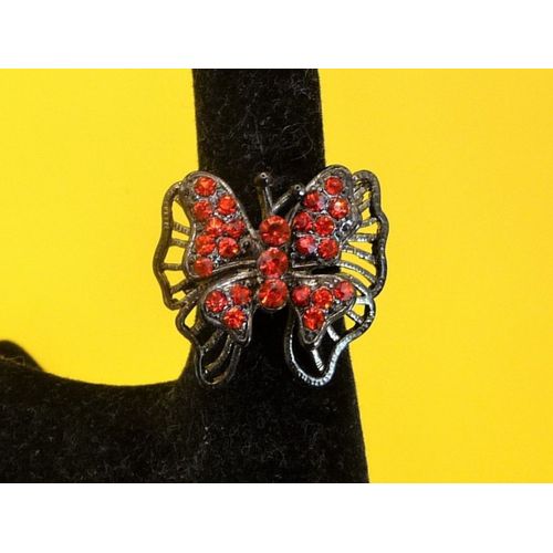 Bague Papillon En Métal Ajustable Avec Ses Strass Rouge