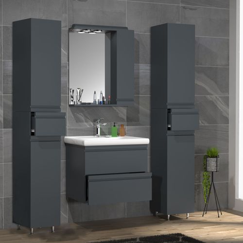 Vcm 5 Pcs. Plan De Toilette Lavabo 60 Cm Ensemble De Meubles De Salle De Bain Lavabo Sans Poignée Tiroir Armoire De Toilette Armoire Haute Silora L