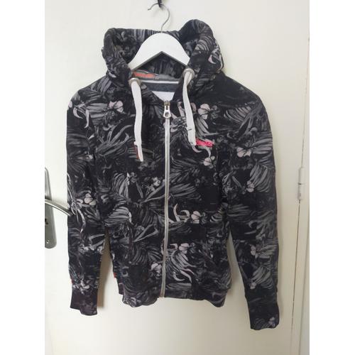 Gilet / Sweat Zippé À Capuche Superdry Noir À Fleurs Grises Xs