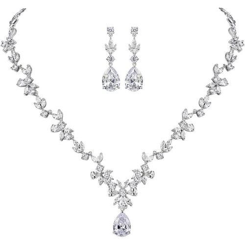 Bijoux Parure Collier Et Boucles D'oreilles Fleur Feuille Pendentif Goutte D'eau Parures De Mariage Soirée